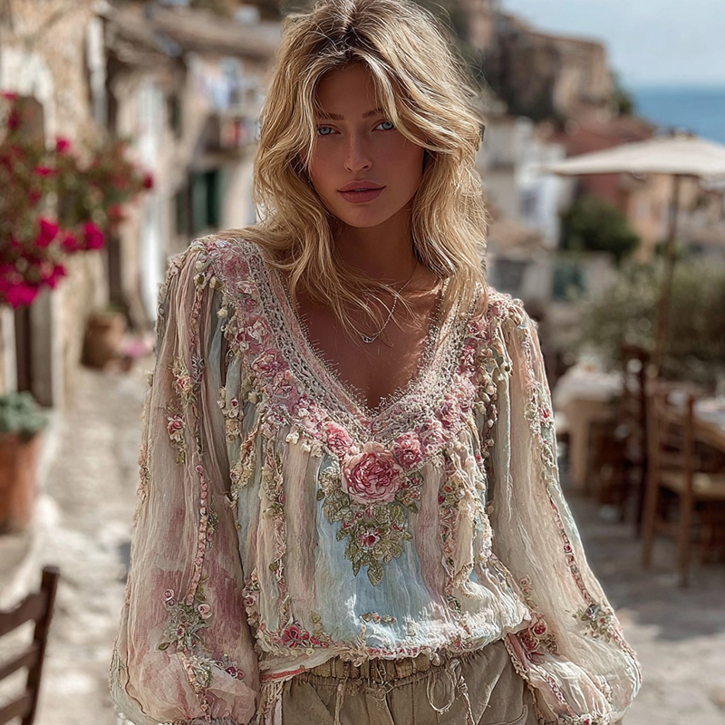 Women's Vintage Floral Stitching V-neck Shirt