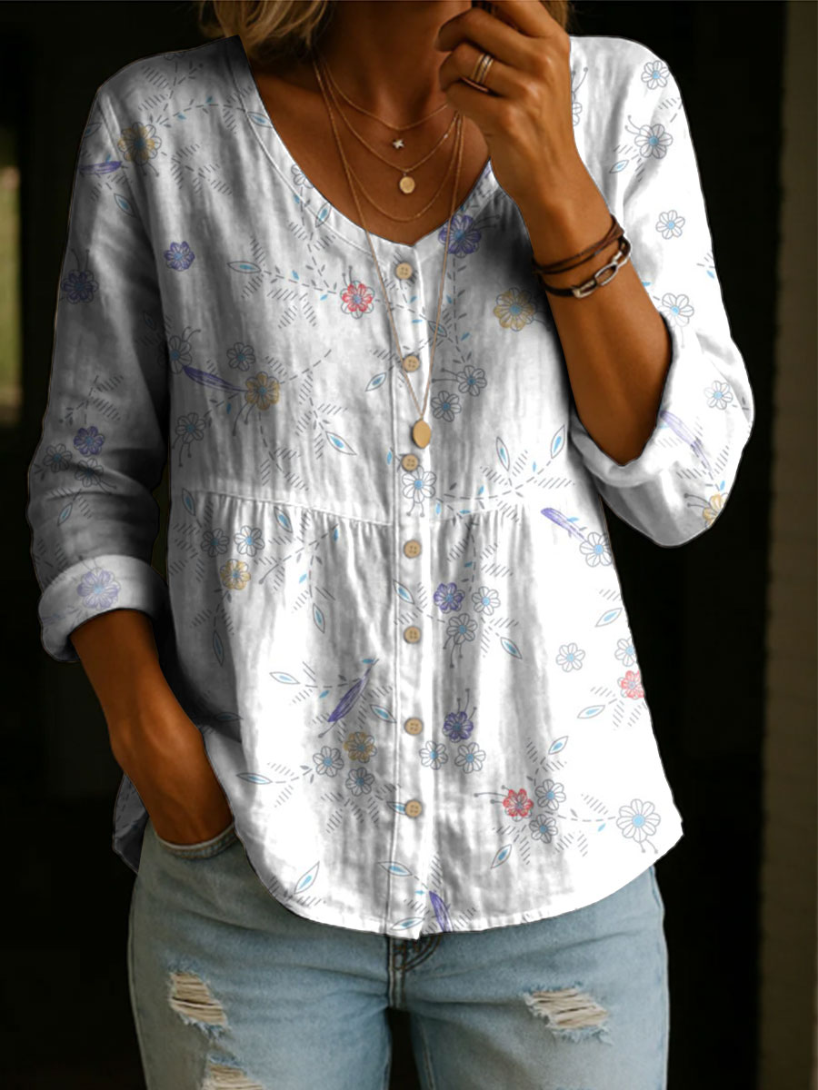 Women's Floral Pattern Art Print Casual Cotton Shirt