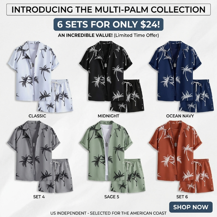 Tropical Palm Tree Print Loungewear Set, Shorts Pyjama Set - Short-Sleeve Button-Up Shirt (Rolled Cuffs) + Drawstring Shorts