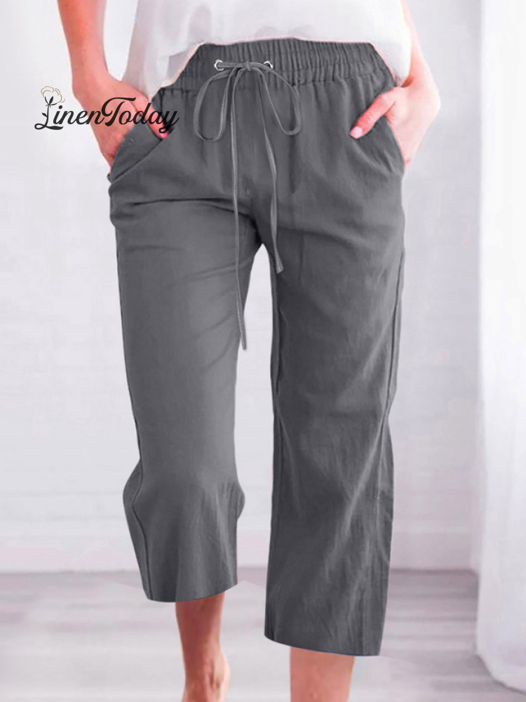 Women's Casual Summer Linen Pants High Waisted Loose Yoga Sweatpants Crop Pants with Pockets