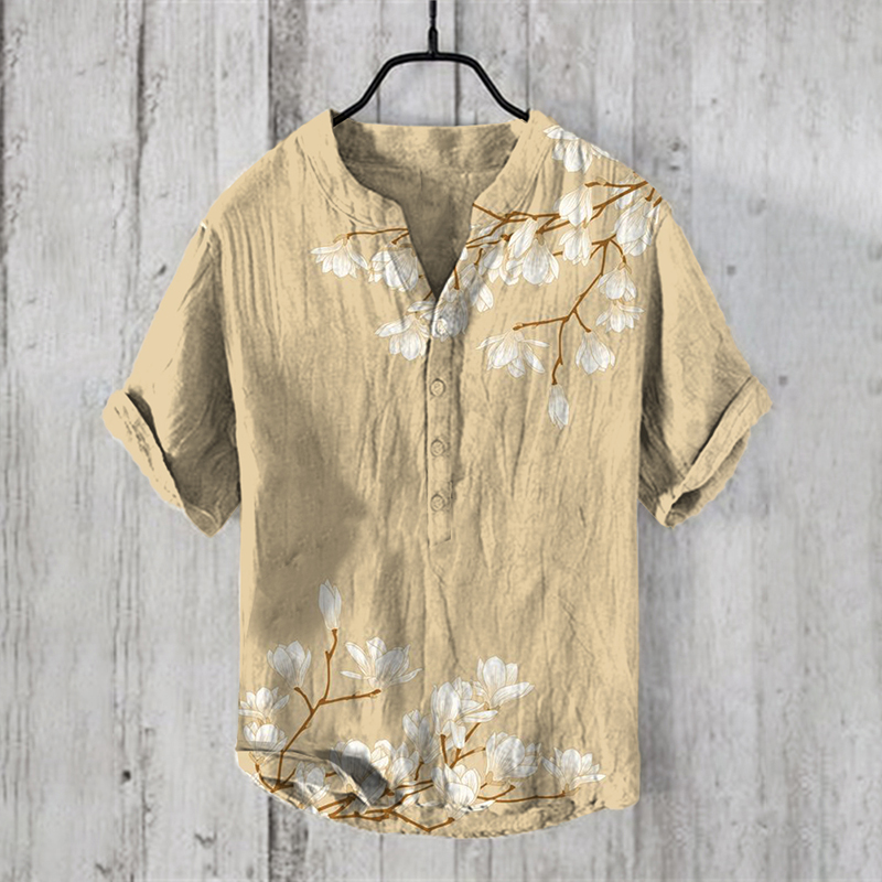 Men's Vintage Japanese Art Magnolia Flower V Neck Casual Linen Blend Shirt