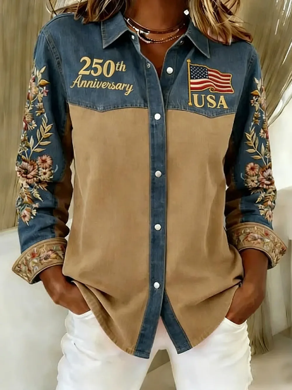 Shawl Collar Long Sleeve Color Block Regular Loose Shirt For Women