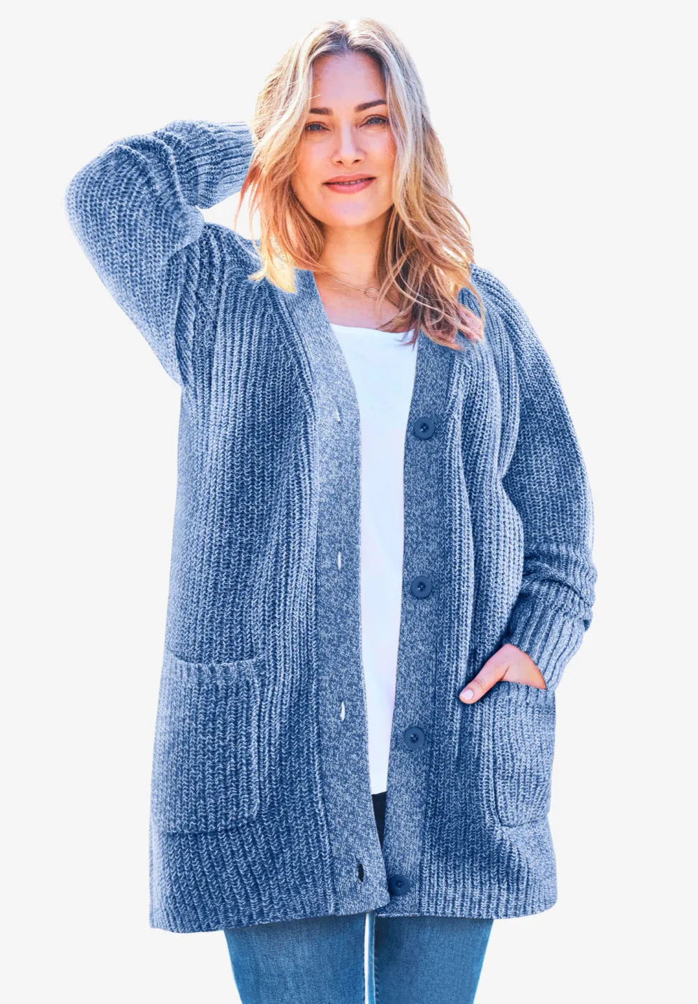 Button-Front Shaker Cardigan