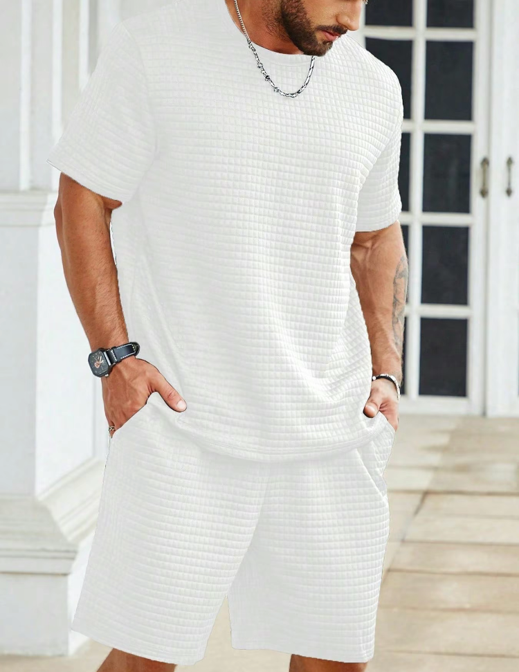 Plus Size Men's Summer 2-Piece Set – Waffle Knit Tee & Pocket Shorts | Casual Regular Fit Outfit
