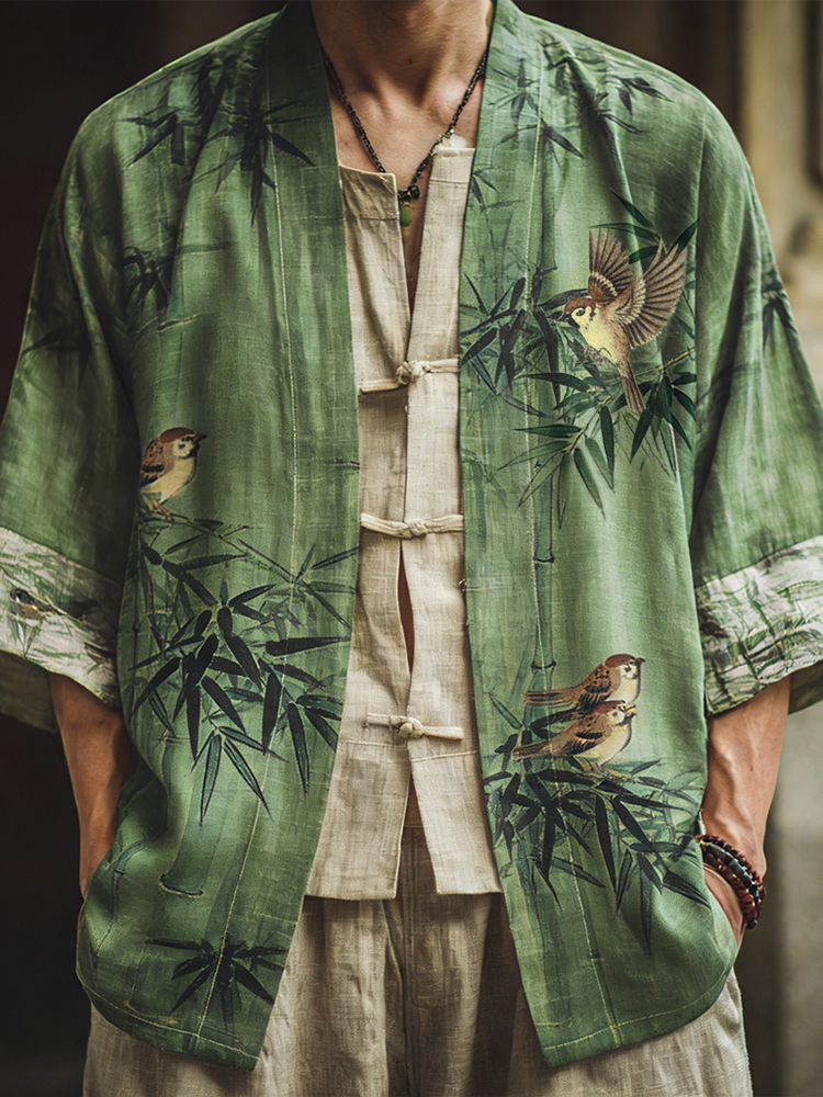 Men's Japanese Bamboo And Bird Art Pattern Linen Blend Kimono Cardigan