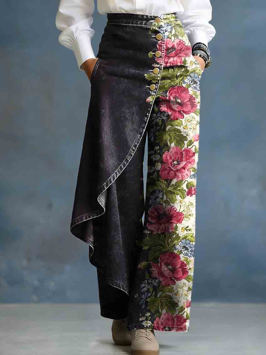 Women's Vintage Floral Patchwork Art Stylish Design High-waisted Relaxed Fit Wide-leg Jeans
