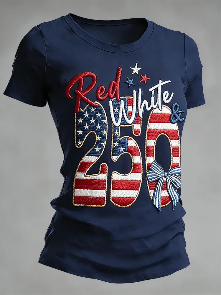 Red and White 250 Patriotic Embroidery Anniversary Commemorative T-shirt