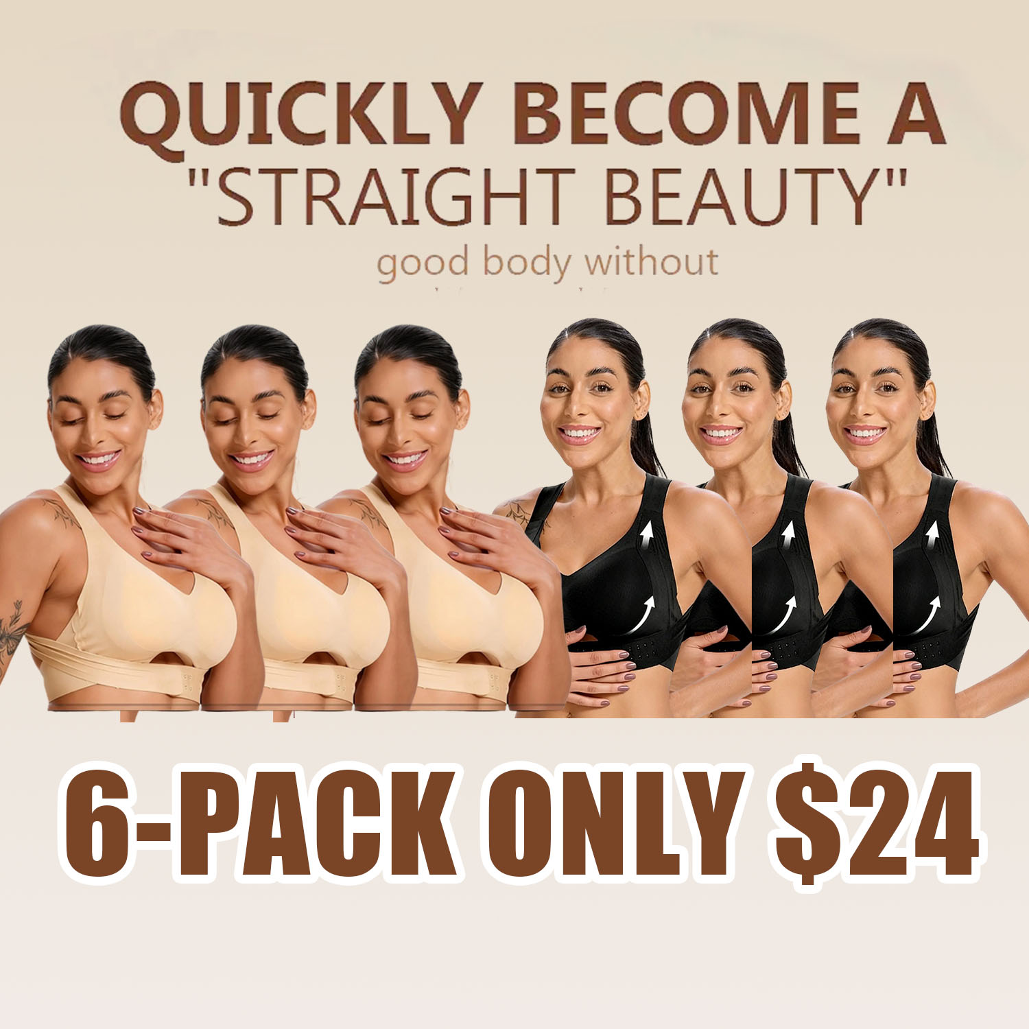 【Postural correction】Women’s Beige Wireless Bra, Soft Breathable Non-removable Moulded Cups, Yoga Fitness Sportswear for Gym & Daily Training