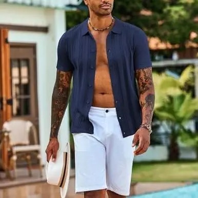 Men's Knit Shirts Short Sleeve Casual Button Down Polo Shirt Summer Beach Vacation Shirts Outfit Top
