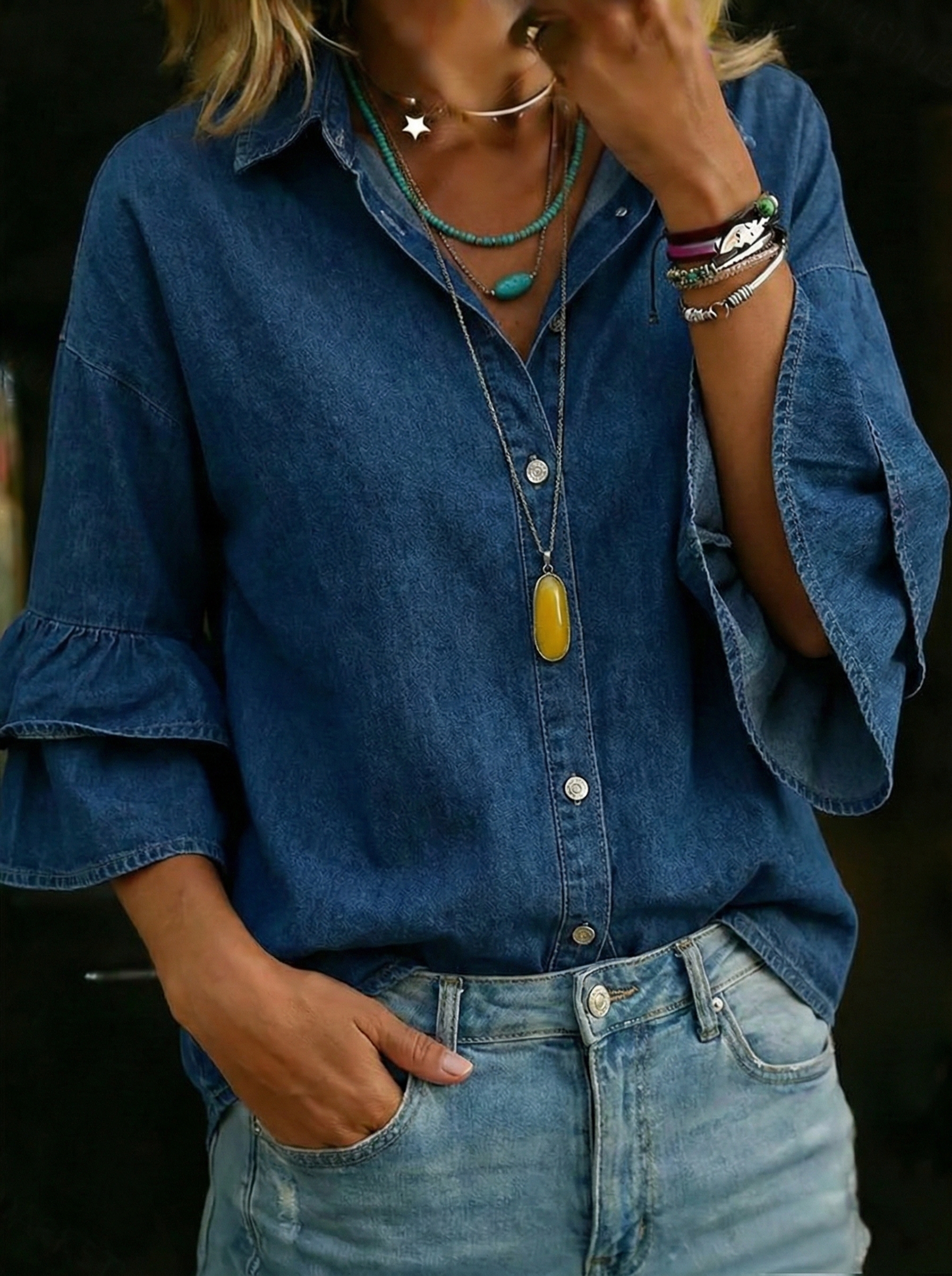 Women's Fashion Designed flared sleeves Button-down Denim Shirt