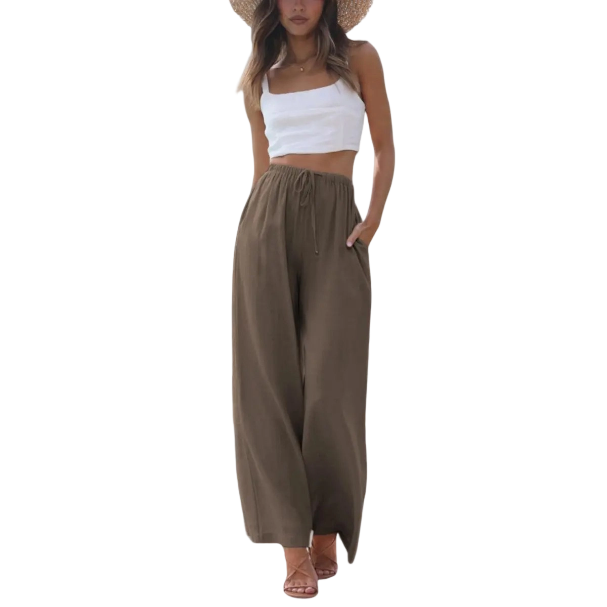 Women's Cotton Linen Summer Palazzo Pants Flowy Wide Leg Beach Trousers with Pockets Casual Womenswear