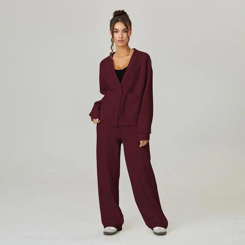 Women's Slouchy Solid Color V Neck Long Sleeve Button Cardigan & Drawstring Waist Trousers Co-ord