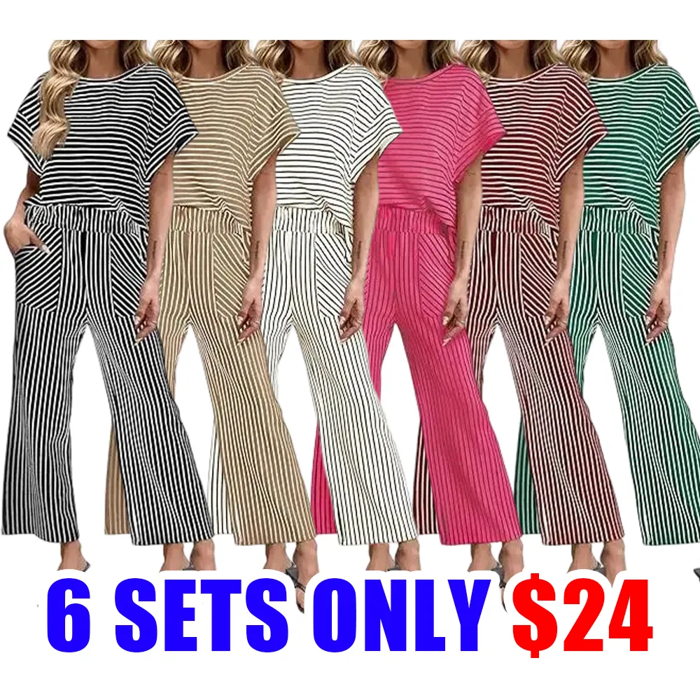 Women’s Striped Batwing Top & Wide Leg Pants 2-Piece Lounge Set with Pockets