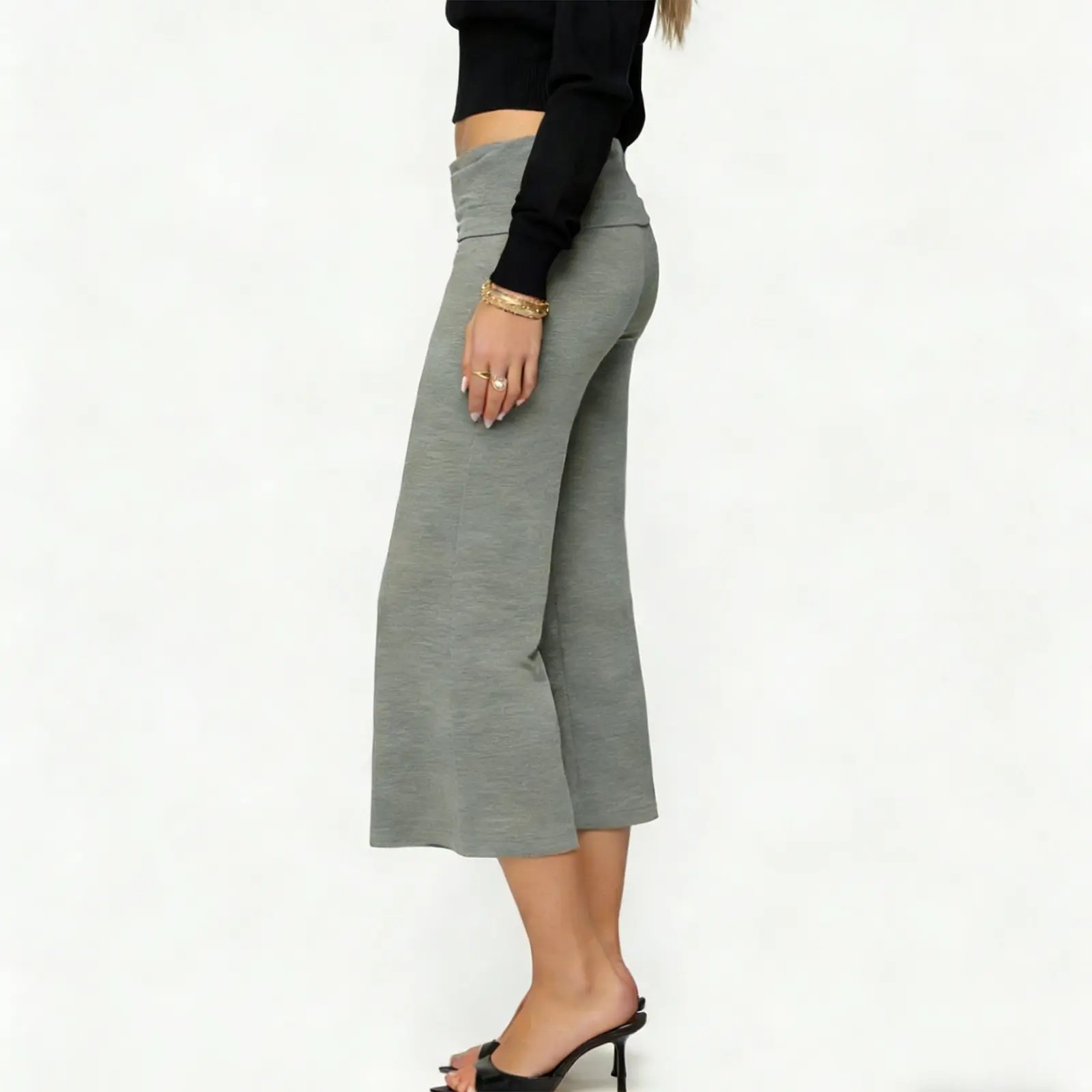 Casual Wide-Leg Culottes for Women - Fold-Over Waist Cropped Pants