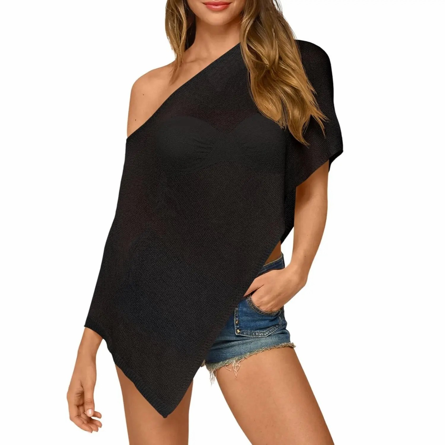 Womens Sheer Poncho Top Lightweight Knit Bolero Shrug Mesh Off The Shoulder Y2K Going Out Beach Swimsuit Coverup