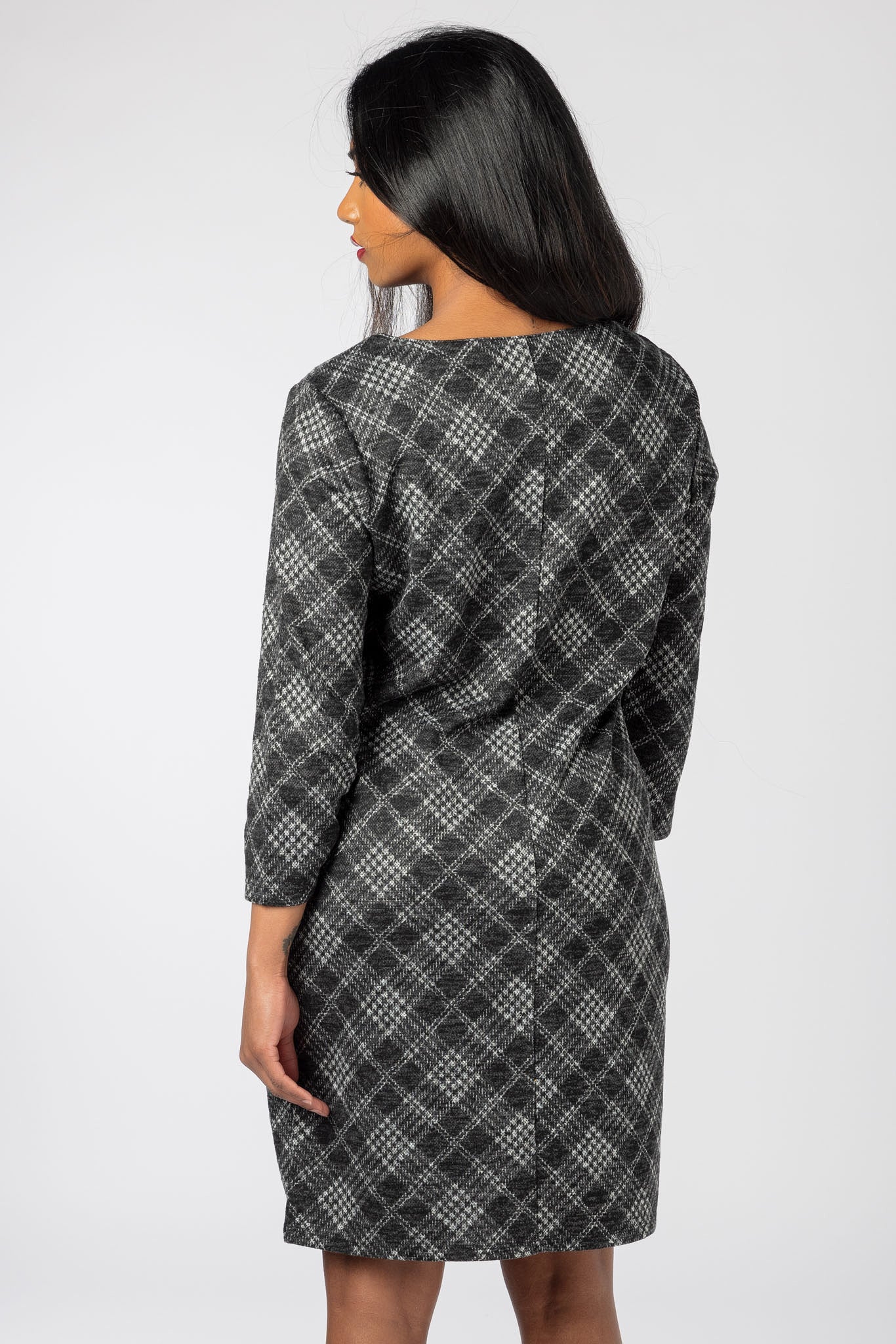 Plaid Knit Dress with 3/4 Sleeves