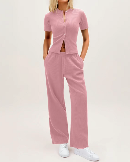 Chic Women's Button-Up Top & Wide Leg Trouser Set – Casual & Comfy!