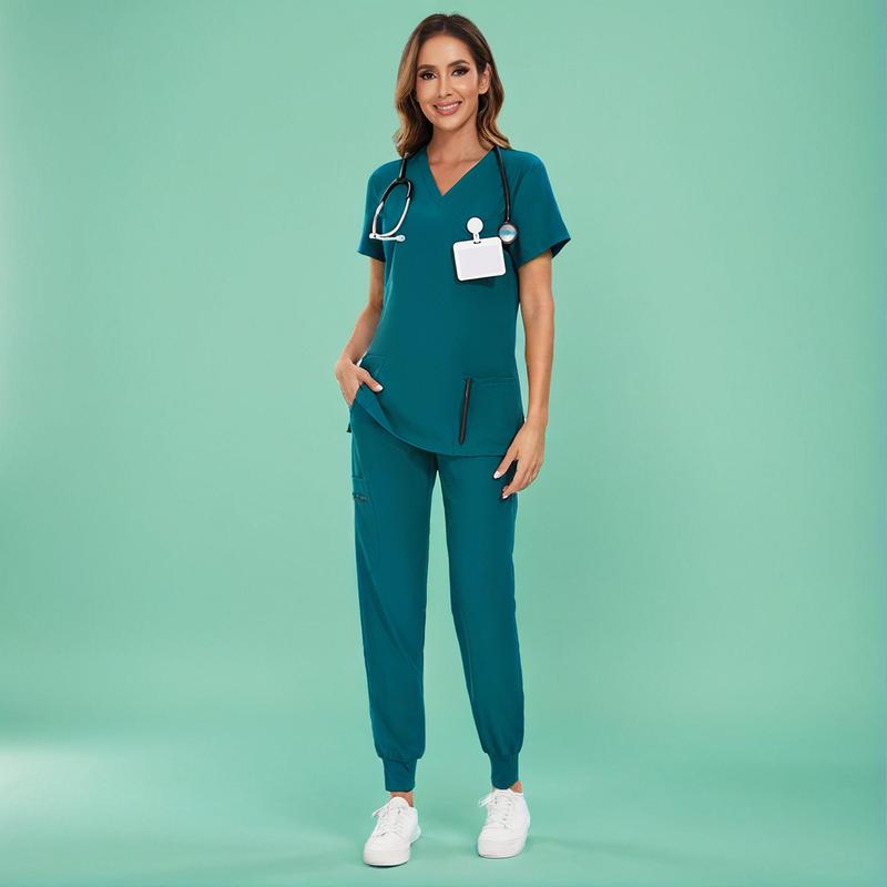🔥Women’s Stretch V-Neck Scrub Set (Top + Jogger Pants) – 8 Pocket Utility Uniform