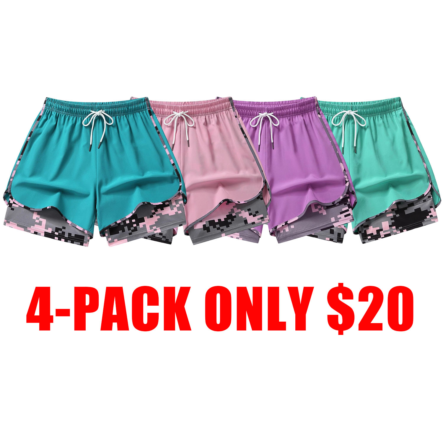 women’s casual athletic shorts with built-in liner, drawstring, elastic waistband—suitable for outdoor sports, fitness, running, and casual wear