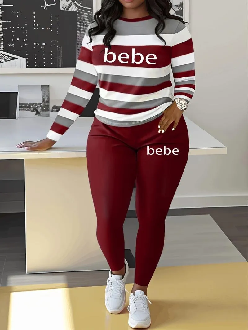 Women's Striped Bebe Letter Print Casual Autumn Winter Round Neck Long Sleeve Top & Pants Set
