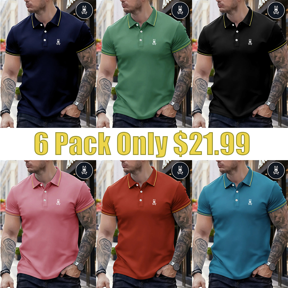 Men's Regular Fit Letter Print Skull Rabbit Contrast Trim Polo Shirt, Casual Short Sleeve Half Zip Top for Summer