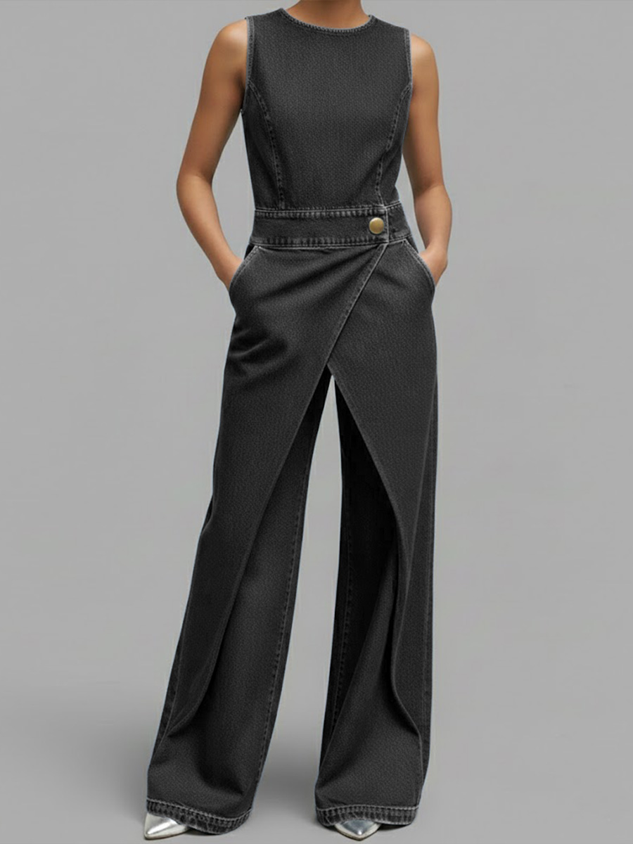 Women's Round Neck Sleeveless Casual Loose Denim Wide-leg Jumpsuit