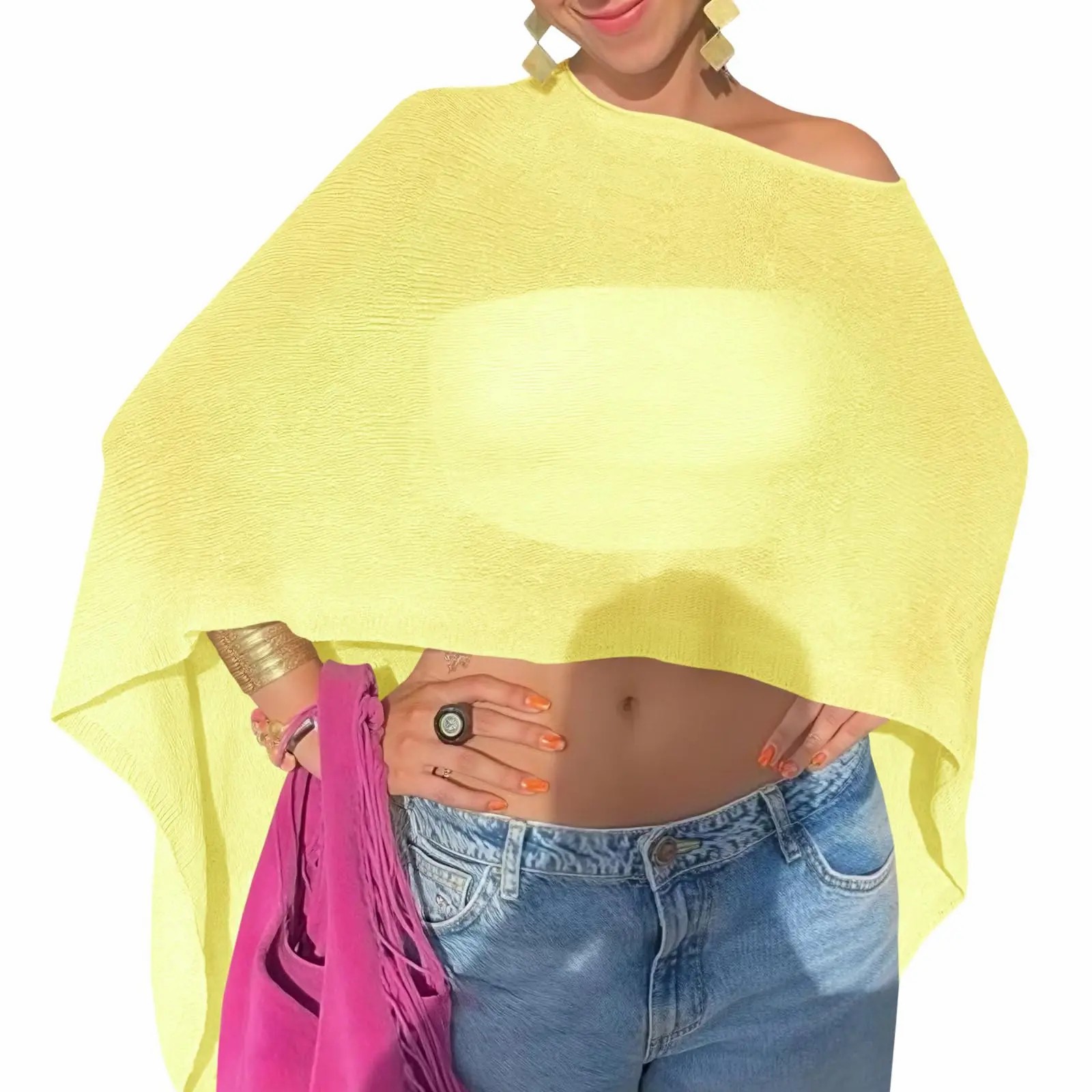 Womens Sheer Poncho Top Lightweight Knit Bolero Shrug Mesh Off The Shoulder Y2K Going Out Beach Swimsuit Coverup