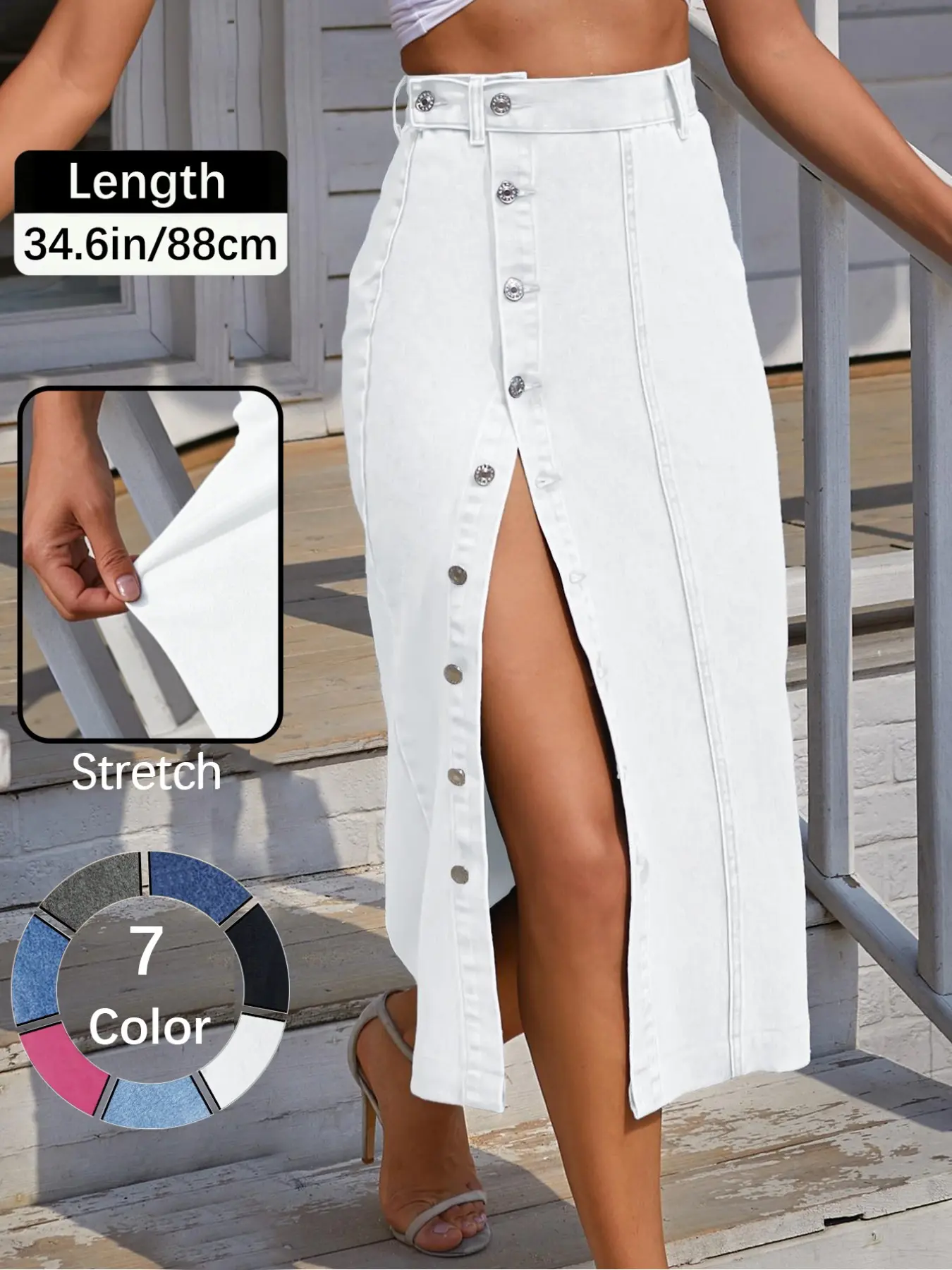 Women's  Button Front Light Wash Denim Split Hem Skirt