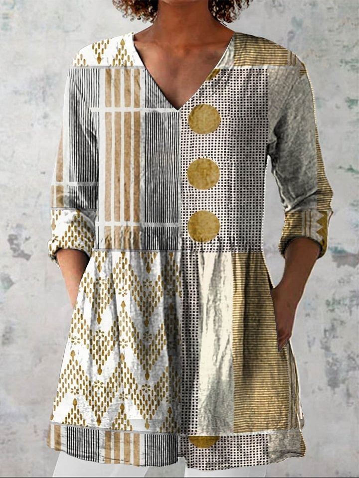 Women's Vintage Abstract Geometry Art Print Casual Cotton And Linen 3/4 Sleeve Shirt