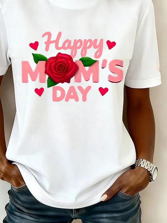 Women's Mother's Day Short Sleeve T-shirt Summer White Floral Printing Jersey Crew Neck Daily Going Out Casual Top