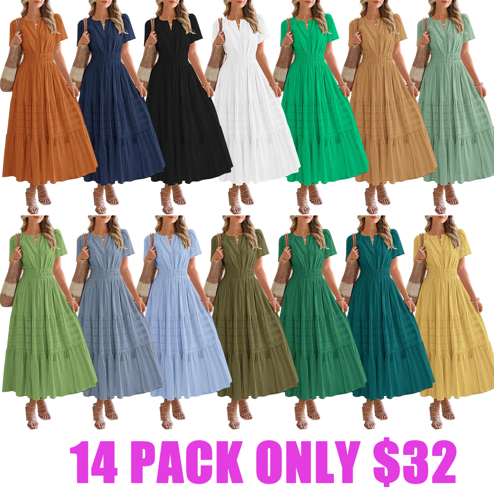 Women's Summer 2026 Casual Maxi Dress Lightweight Short Sleeve V Neck Boho Dress with Pockets