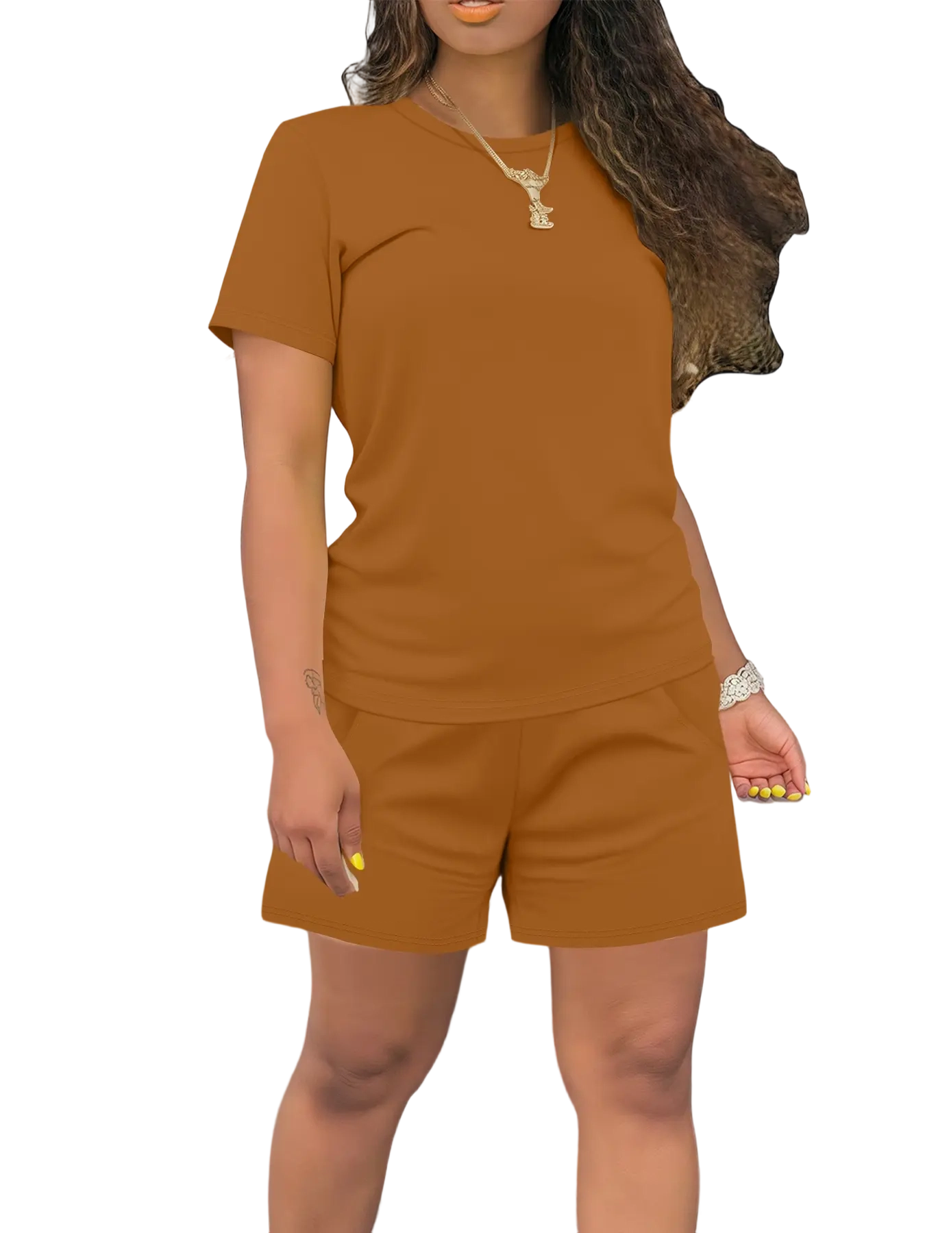 Women's Summer Casual Set, Regular Fit Short Sleeve Top & Shorts, Plain Color Women's, Comfortable Daily Wear Womenswear Fitted Outfit