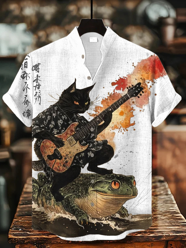 Men's Black Cat Riding On Toad Playing Guitar Print Short Sleeve Shirt