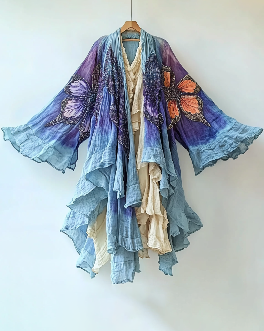 Tie-Dye Butterfly Beaded Irregular Cardigan e19a