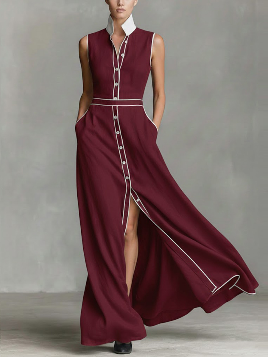 Women's Collared Sleeveless Casual Loose Long Cotton Linen Dress