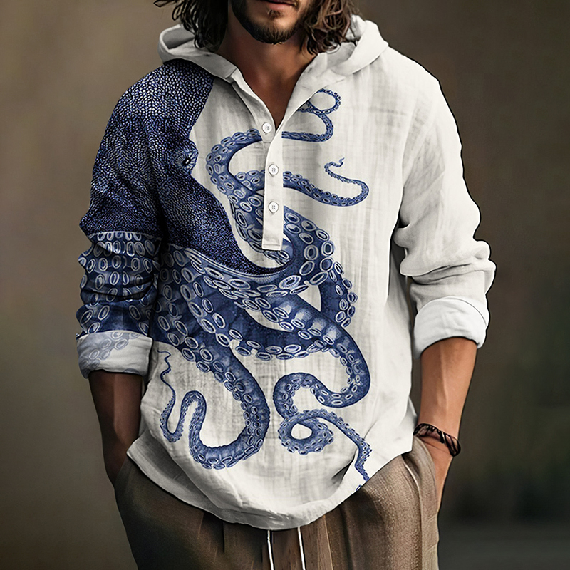 Japanese Art Octopus Graphic Printed Linen Blend Hoodie