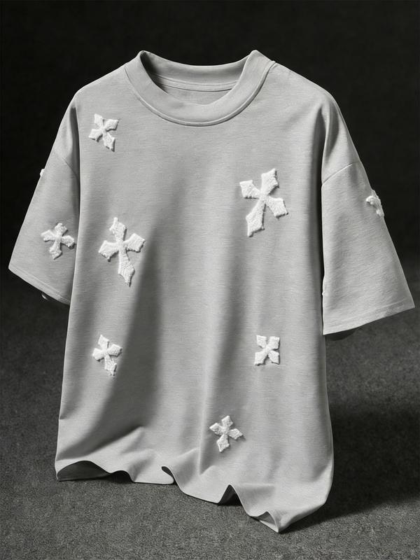 Men's Cross Stitch Embroidered Solid Color Round Neck T-Shirt