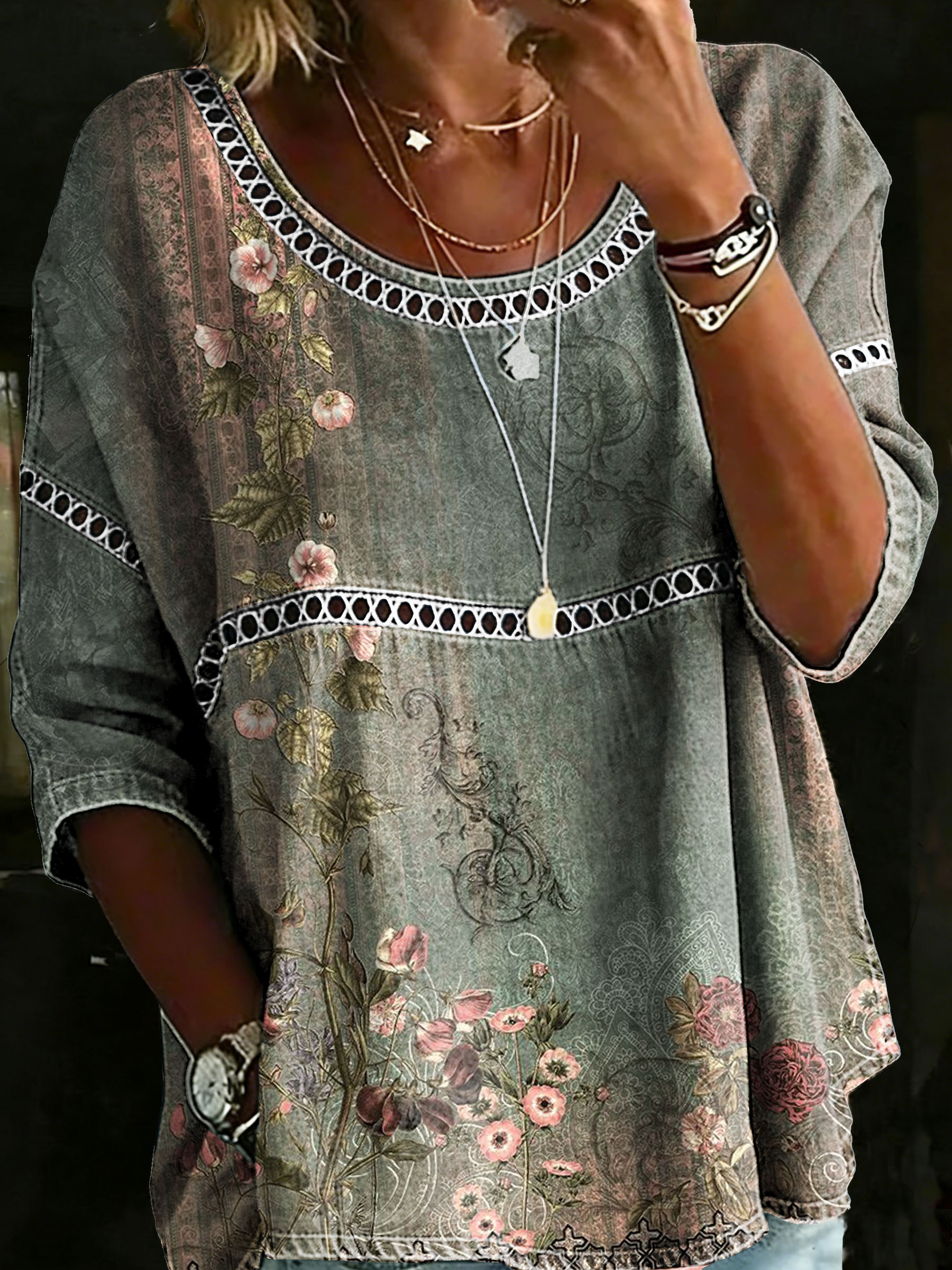 Women's Vintage Floral Casual Loose Denim Blouse Shirt