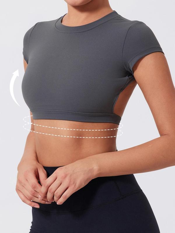 Women’s Backless Crop Gym Top — Short Sleeve Active Tee