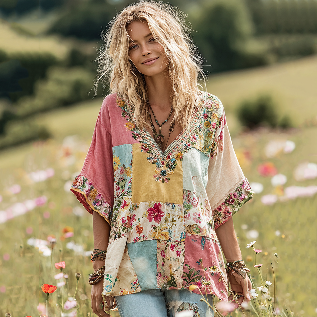 Women's Vintage Floral Geometry Art V-neck T-shirt