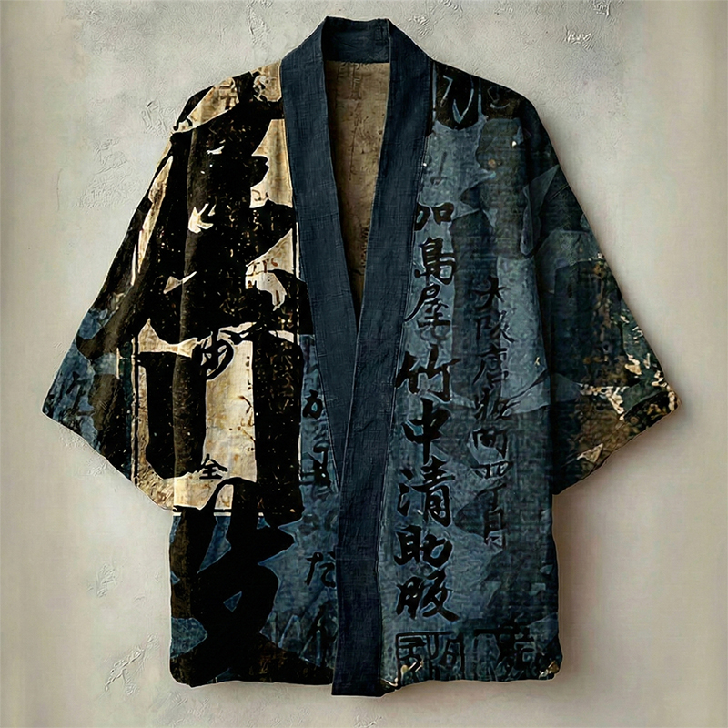 Men's Retro Calligraphy Art Print Casual Linen Kimono