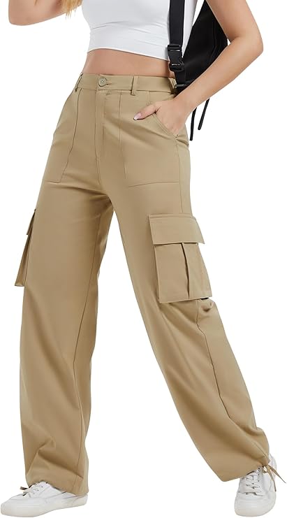 Women's Stretchy High-Waisted Cargo Pants – Lightweight Linen Streetwear with Adjustable Cuffs & Multiple Pockets