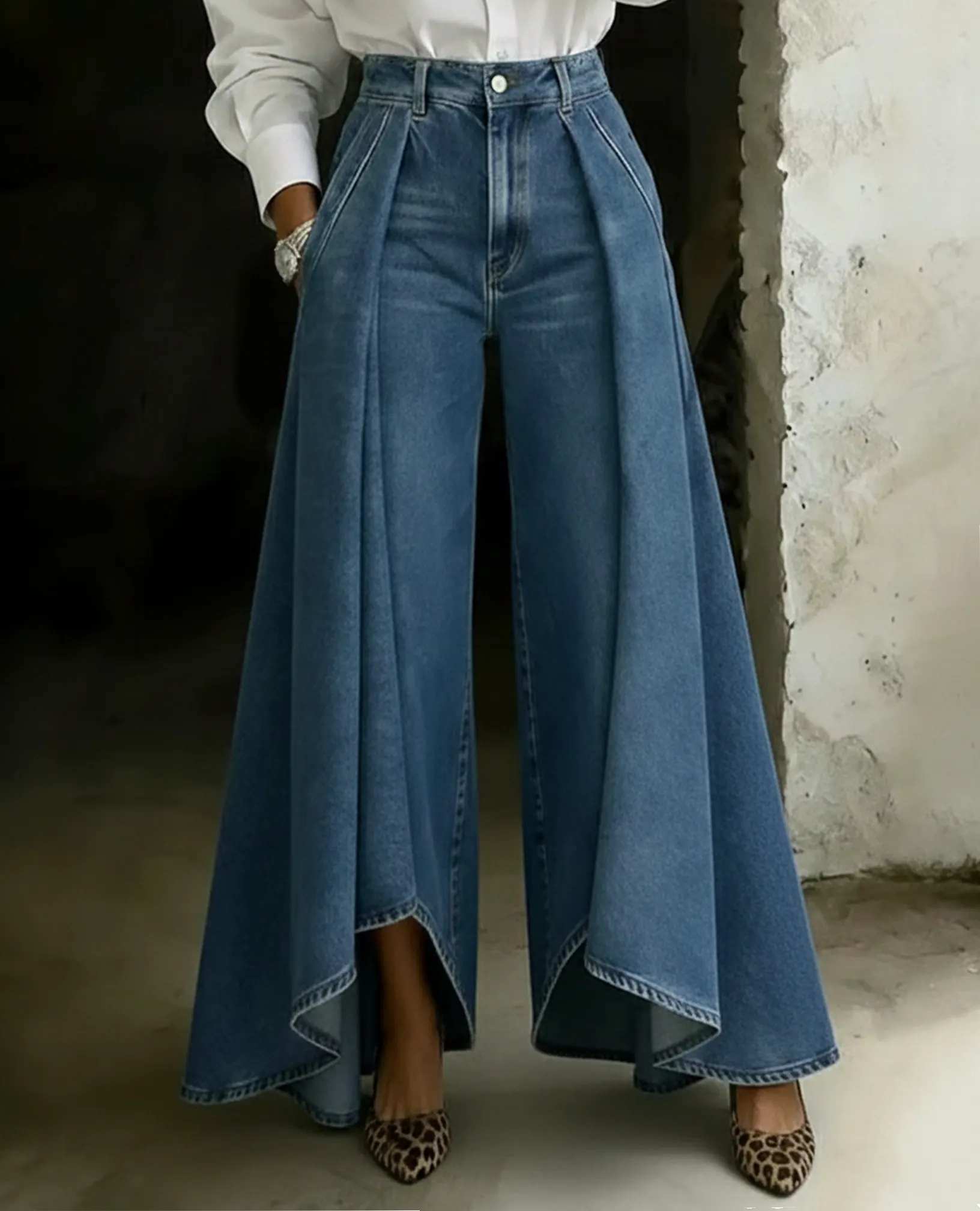 Women's Fashion Design High-waisted Casual Loose-fitting Wide-leg Jeans