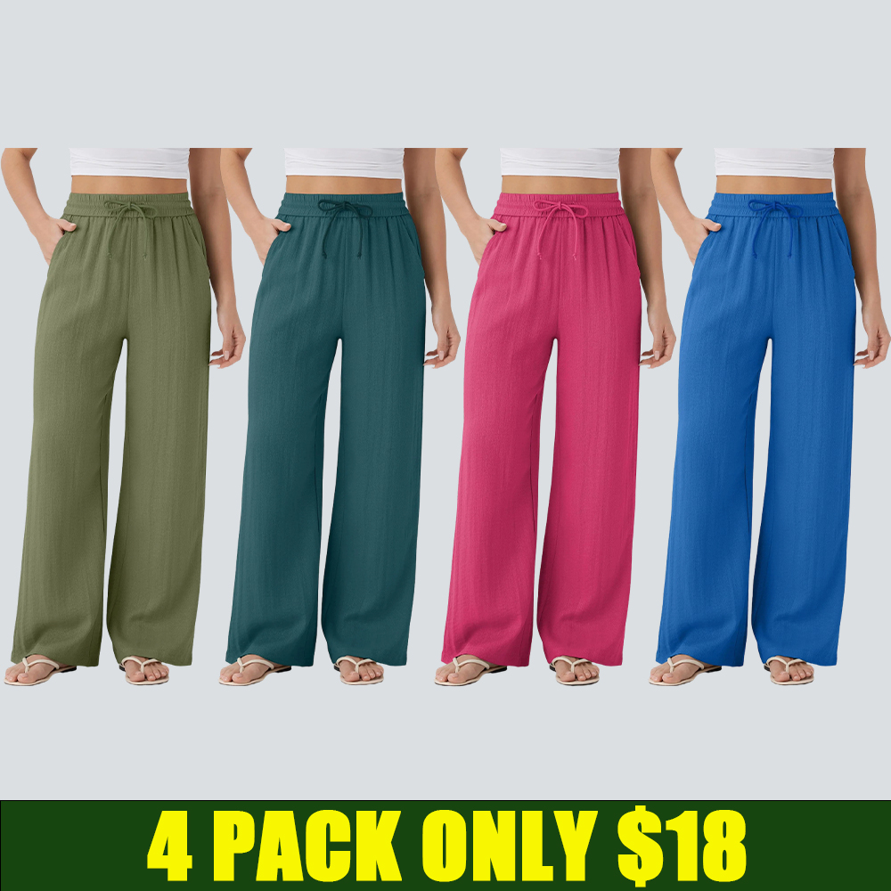 Women's High Waist Drawstring Wide Leg Linen-Feel Casual Pants with Pockets