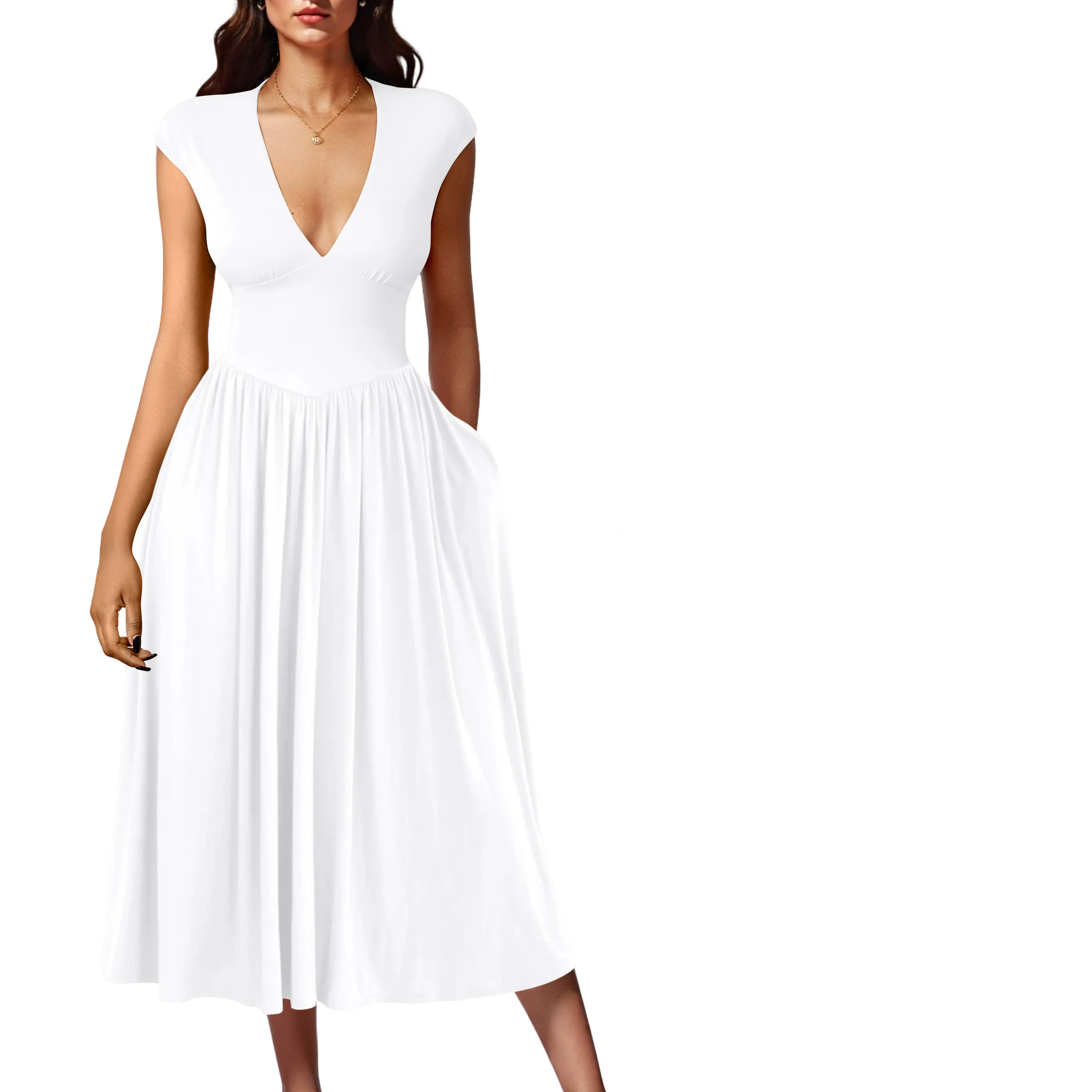 Women's Summer Deep V-Neck Cap Sleeve Pleated A‑Line Midi Dress with Pockets