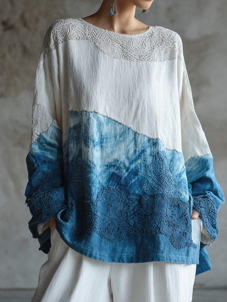 Vintage Marble Texture Collection Bohemia Women Style Gradient Gilded Pattern Linen T-shirt