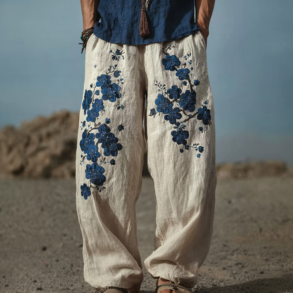 Men's Japanese Blue Plum Blossom Art Vintage Linen Pants