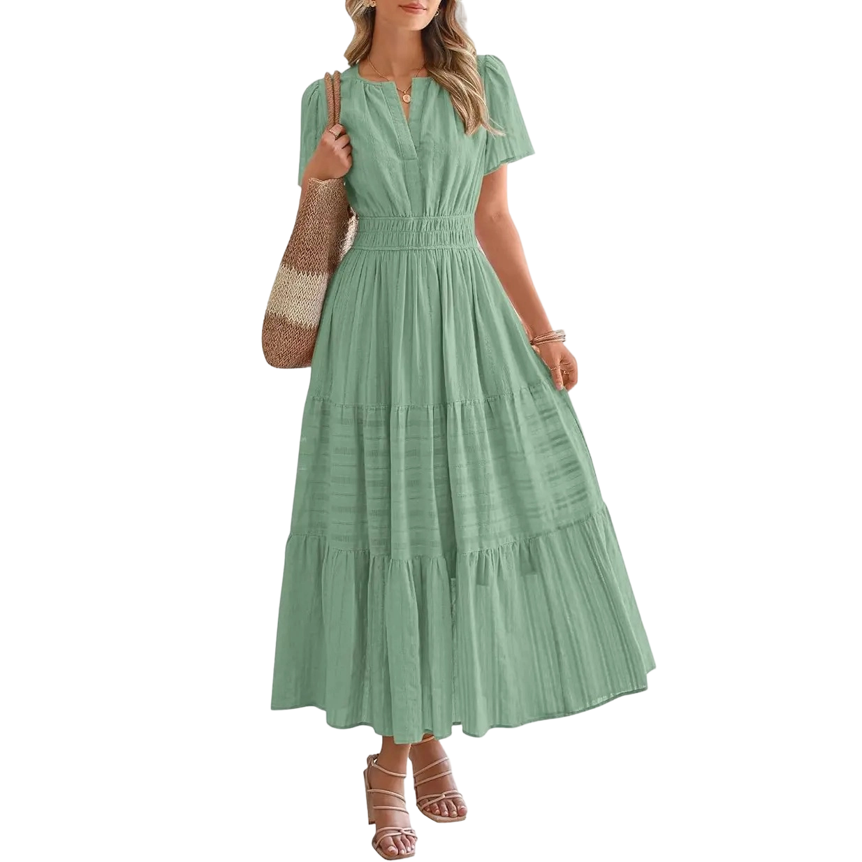 Women's Summer 2026 Casual Maxi Dress Lightweight Short Sleeve V Neck Boho Dress with Pockets