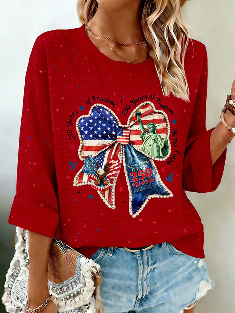 250 Years Of Freedom American Flag Bow Waffle Knit Top
