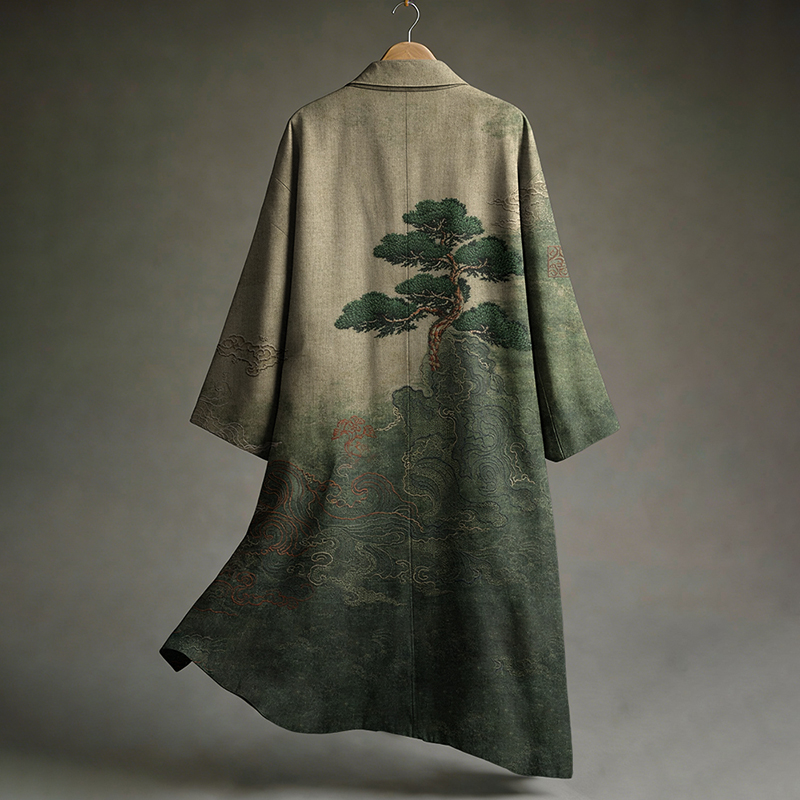 Men's Vintage Japanese Art Print  Linen Long Kimono
